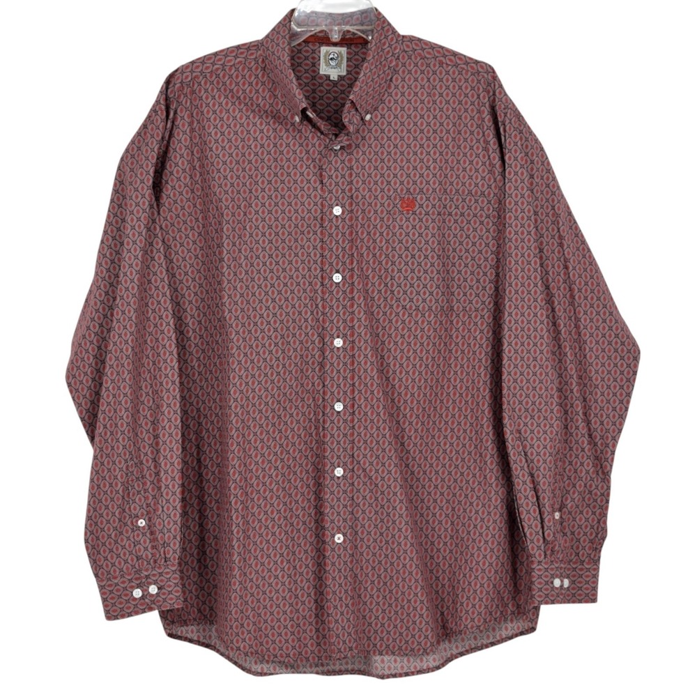 Cinch Mens L Long Sleeve Button Down Red Burgundy Geometric Western Cowboy Rodeo